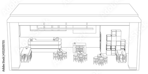 The contour of the cafe room with tables and chairs from black lines isolated on a white background. Front view. Vector illustration.