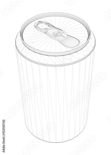 Black line beverage can wireframe isolated on white background. Isometric view. 3D. Vector illustration.