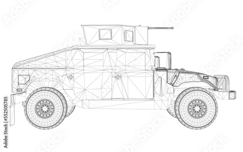 Wireframe of a combat jeep with weapons from black lines isolated on a white background. Side view. 3D. Vector illustration.