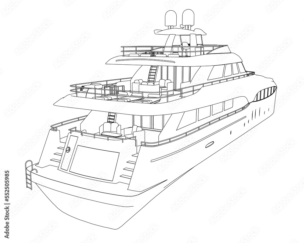 Outline of a large luxury yacht from black lines isolated on a white background. Back view. 3D. Vector illustration.