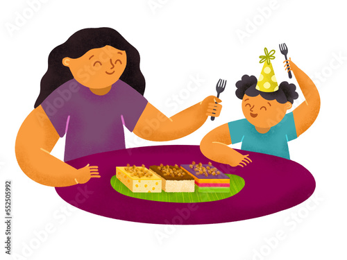 Filipino mother and daughter eating kakanin rice cakes during a birthday