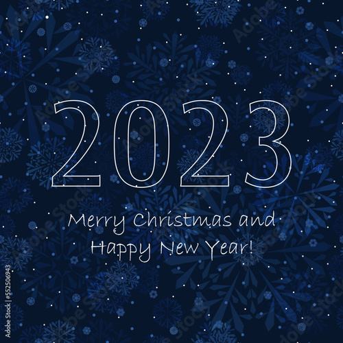 2023 happy new year. white text on blue winter repetitive background with snowflakes. vector illustration. festive template on seamless pattern for greeting card, banner, invitation