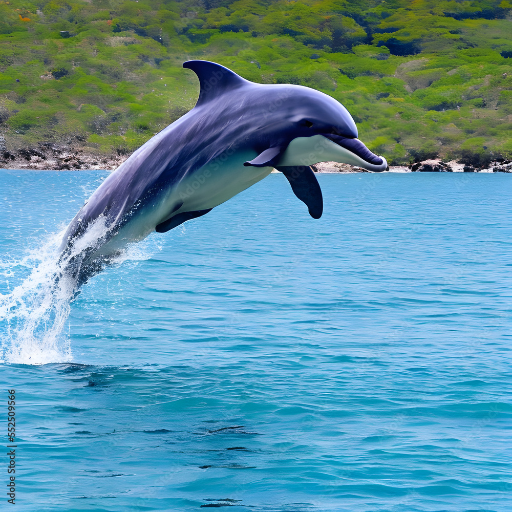 Obraz premium Dolphin Jumping Out of the Blue Ocean Water Generative AI