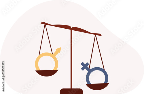 Gender inequality concept. Bias and sexism in workplace or social communication. Misunderstanding of feminism. Male and female symbols on a scale that leans toward the opposite sex.