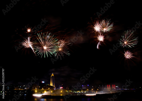 Night view of the fireworks over Taipei city