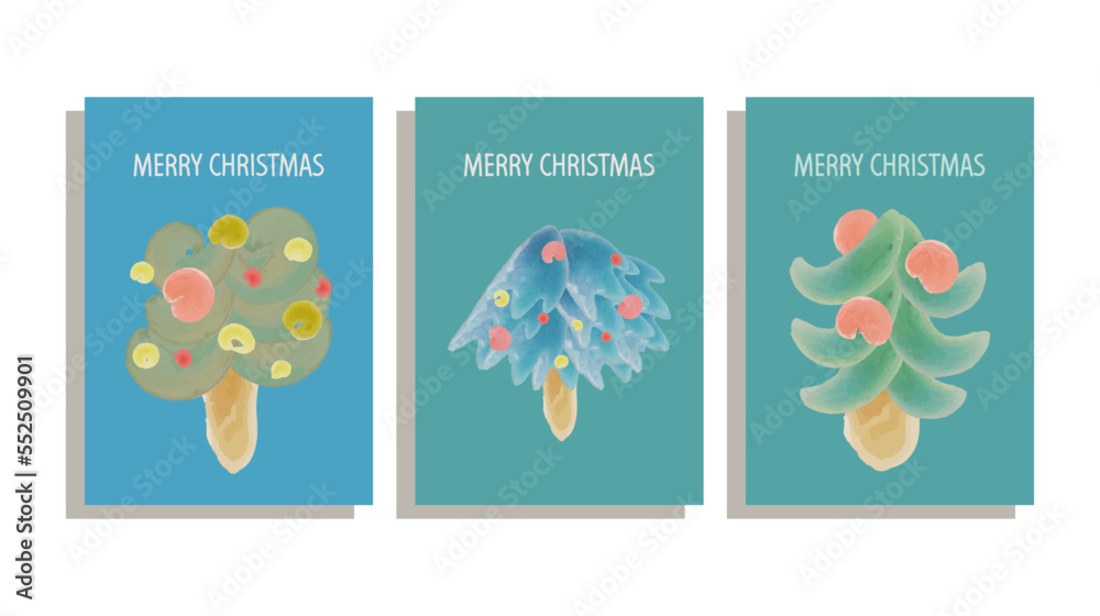 set of Christmas cards with watercolor Christmas tree