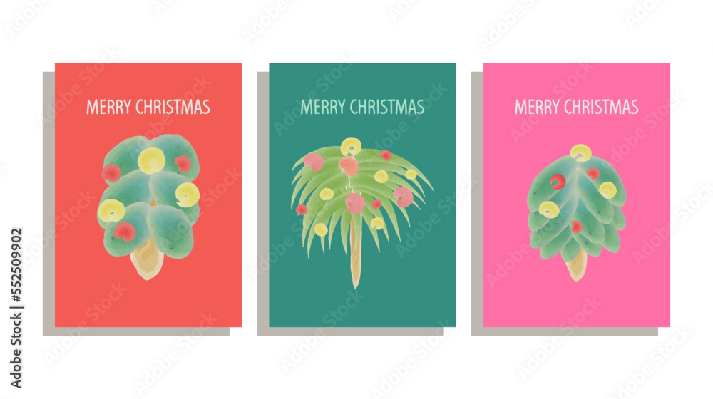set of Christmas cards with watercolor Christmas tree