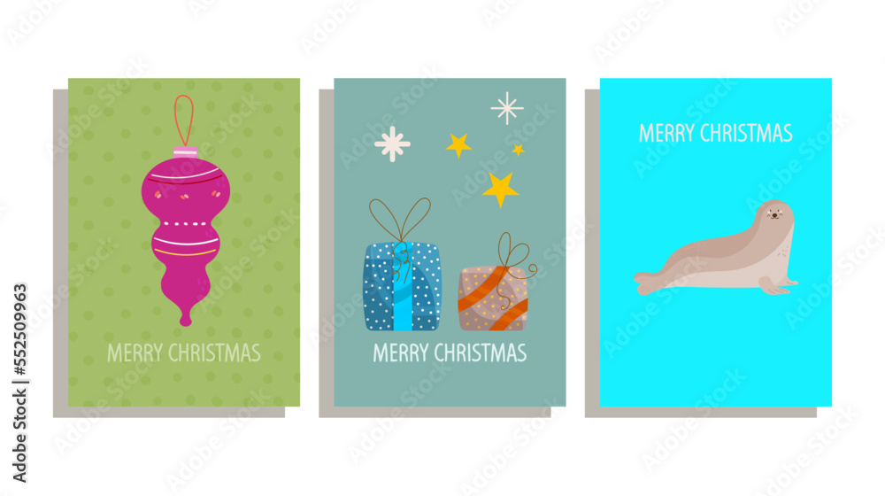  set of Christmas cards with seal ,  gift boxes, Christmas balls