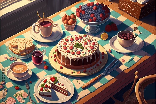A table full of deserts and delicious cakes, with a lot of sugar for the tea time, illustrated in a classic way