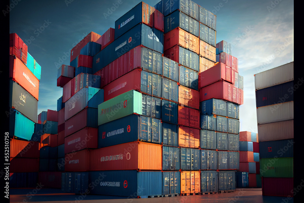 Fototapeta premium stack of containers awaiting transport at port - Generative AI