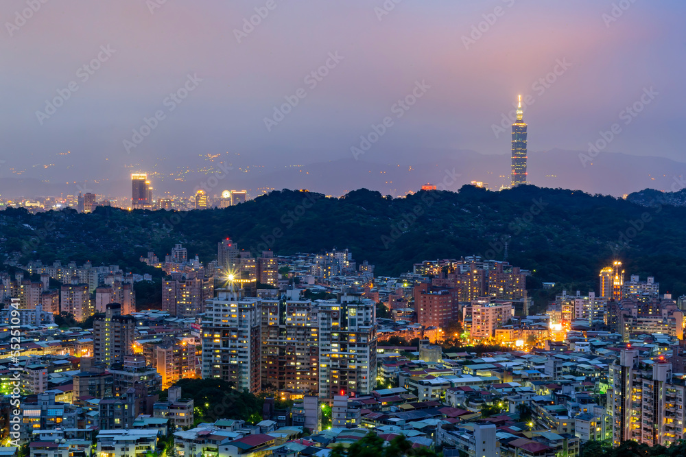 Twilight high angle view of the Taipei cityscape