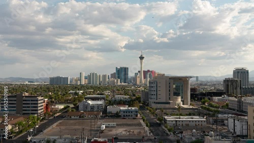 Las Vegas Skyline and Downtown Cityscape Time Lapse Tilt Down Nevada USA