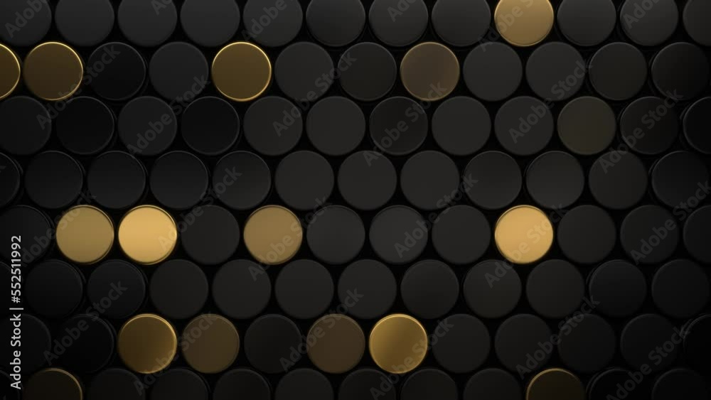 Abstract luxury Circle Shape geometric black grey gradient with Degrade Gold background.metallic geometric. motion Seamless loop. display background. 4K resolution. random gold animation.