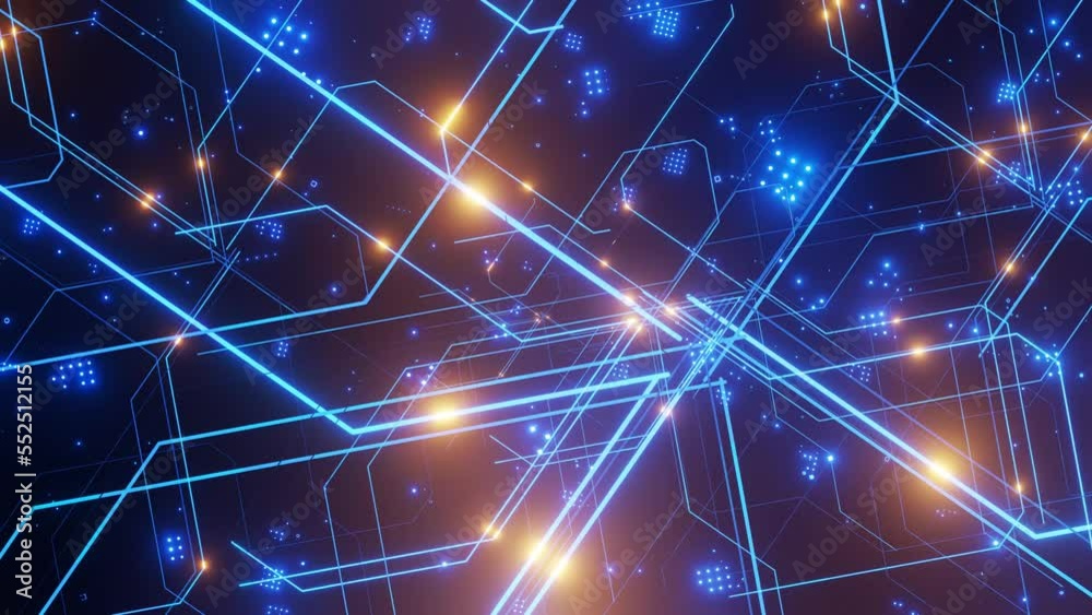 Digital Circuit lines in motion digital lines with glowing spots. motion fly through.4k Resolution. blue color.
