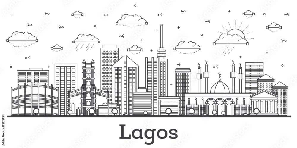 Outline Lagos Nigeria City Skyline with Modern Buildings Isolated on White.