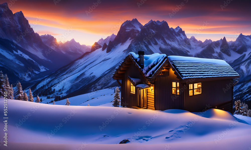 Fototapeta premium Illustration of a small cabin in the middle of a snowy mountain AI Generated