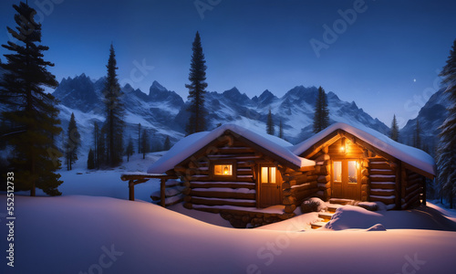 Illustration of a small cabin in the middle of a snowy mountain AI Generated © Akahz