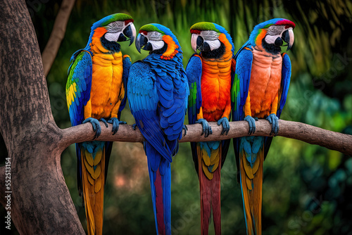 A flock of macaws in the treetops. Generative AI