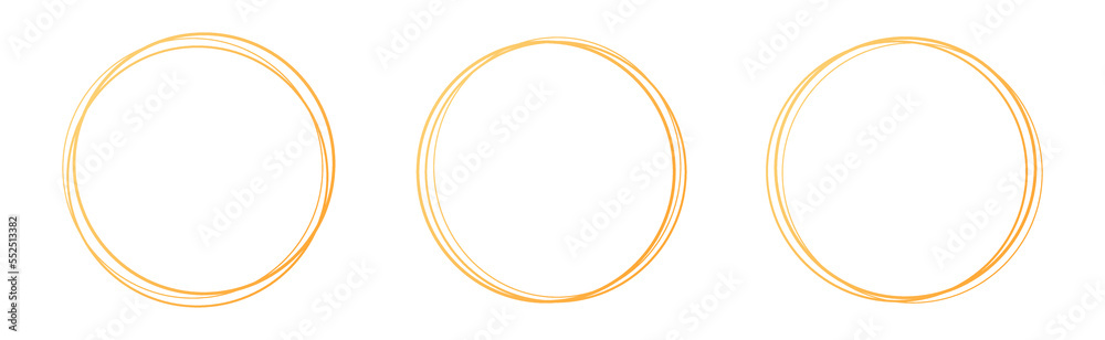 Set of hand drawn gold circle, sketch lines. Gold round frame collection on white background. Set of hand drawn doodle golden circle. Set of hand drawn gold circle, sketch lines. Gold round frame collection on white background. Set of hand drawn doodle golden circle.
