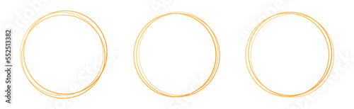 Set of hand drawn gold circle, sketch lines. Gold round frame collection on white background. Set of hand drawn doodle golden circle.