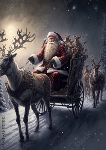 Santa claus with gift reindeer in winter.illustration for greeting card or book cover.generate by ai