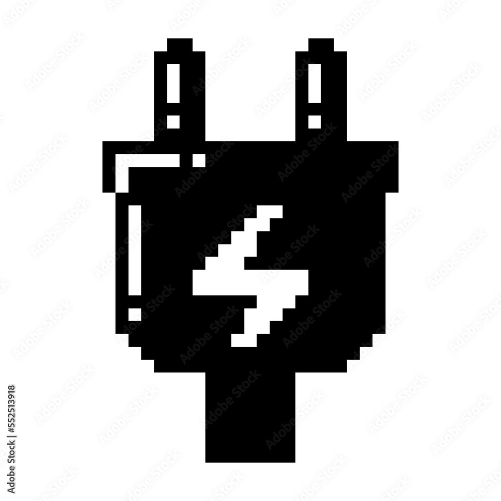 Electric plug icon black-white vector pixel art icon