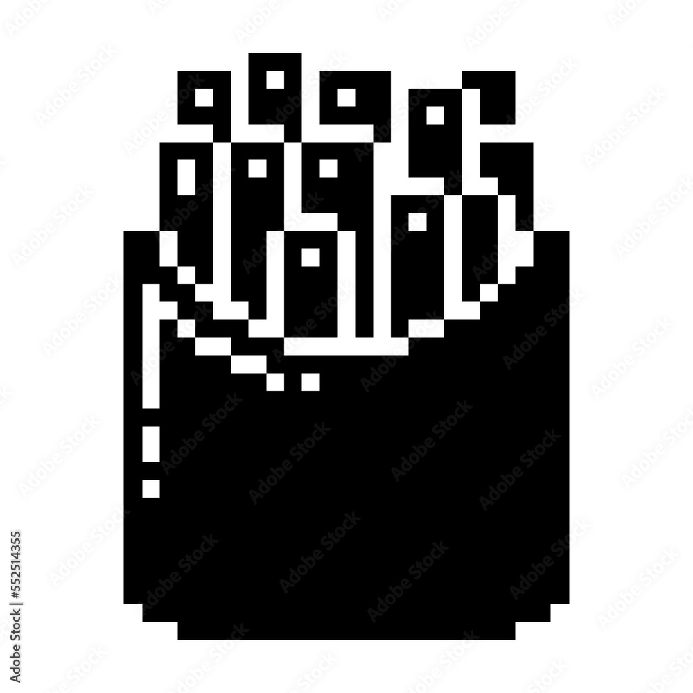 French fries icon black-white vector pixel art icon