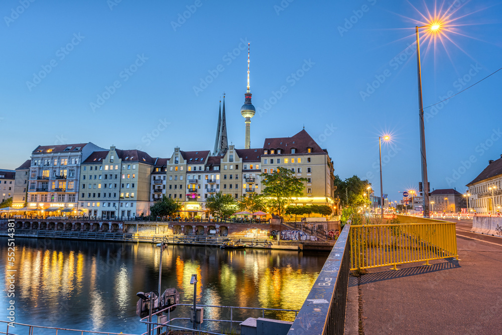 The Nikolaiviertel, the river Spree and the Television Tower in Berlin at twilight