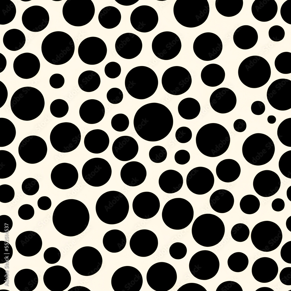 Seamless white background with black polka dots of irregular shapes and sizes.