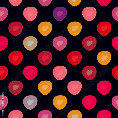 Seamless black background with red polka dots with hearts