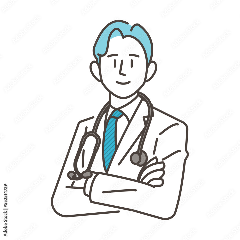 Male doctor in white coat with arms folded: concept of a career change or medical practitioner [vector illustration