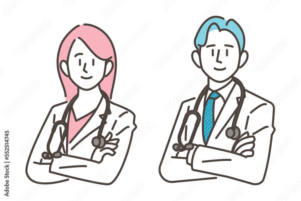 Male and female doctors in white coats with arms folded: concept of a career change or medical practitioner [Vector illustration]