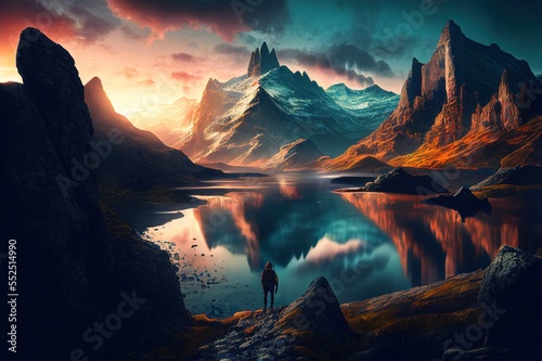 Stunning sunset in the mountains. Silhouette of the man on the foreground. Photorealistic landscape illustration generated by Ai. Generative art