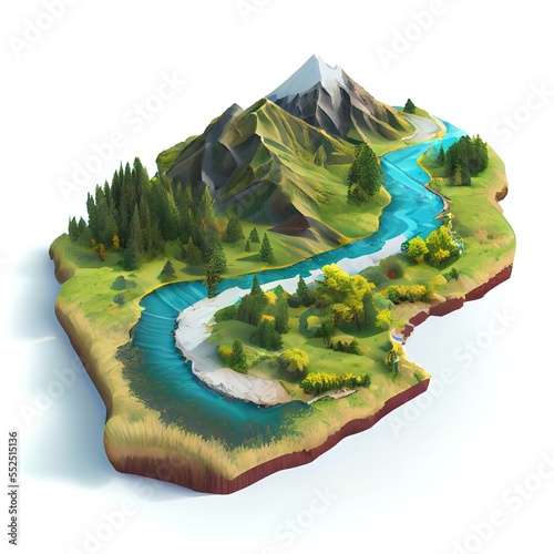 Beautiful landscape, isometric diorama island. Cartoon illustration generated by Ai in style of isometric low polygonal 3d models. Generative art