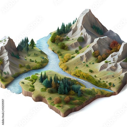 Beautiful mountain landscape, isometric diorama island. Cartoon illustration generated by Ai in style of isometric low polygonal 3d models. Generative art