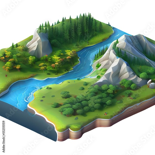 Beautiful landscape, isometric diorama island. Cartoon illustration generated by Ai	in style of isometric low polygonal 3d models. Generative art photo