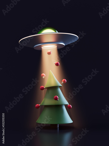 Simle UFOs steal cristmas tree with a light beam 3d render illustration