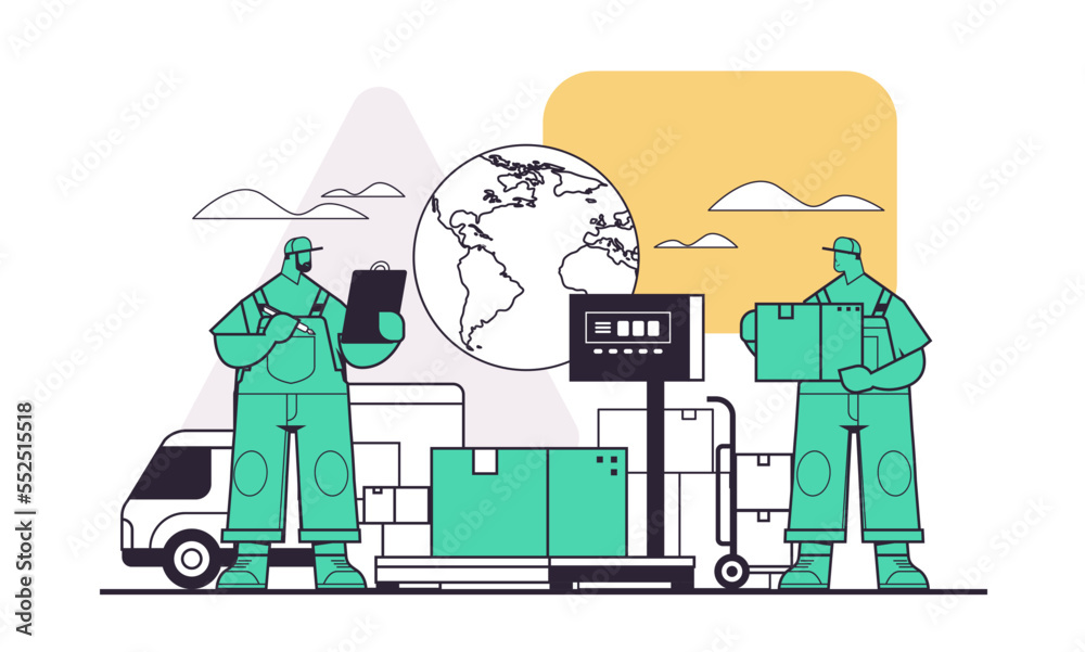 deliverymen in uniform checks parcels in warehouse express delivery cargo logistics postal service concept deliverymen in uniform checks parcels in warehouse express delivery cargo logistics postal service concept