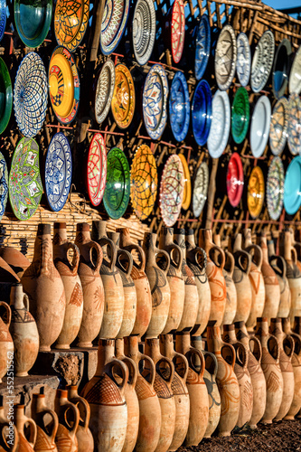 A set of traditional, handmade Moroccan clay dishes. Bowls, plates, tagines, jugs.