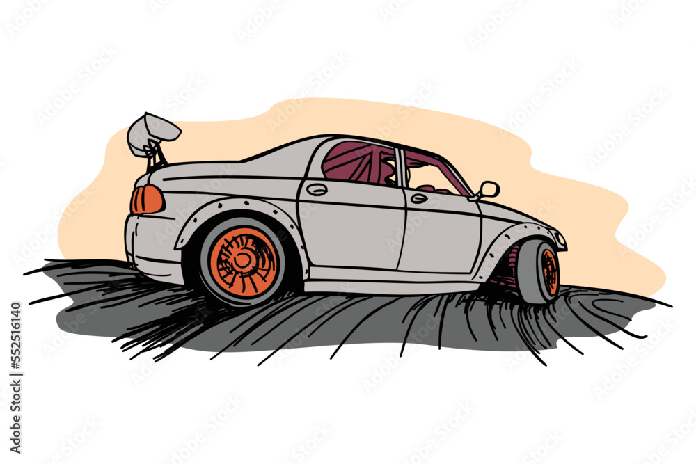  Bosquejo coloreado de la deriva del coche.  Ilustración vectorial dibujada a mano.  vector de stock