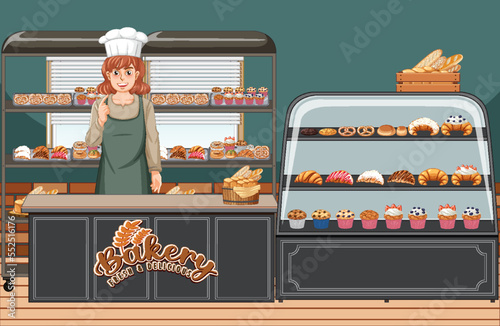 Bakery shop interior with bakery showcase