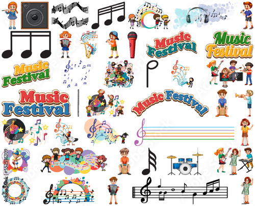 Kids musical instruments and music symbols set