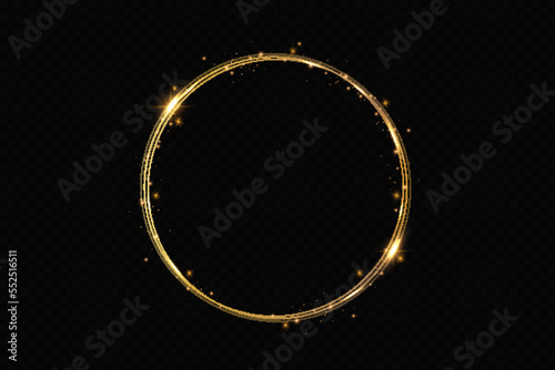 Abstract sparkling golden frame light effect on transparent background. Spark with ring glossy line.
