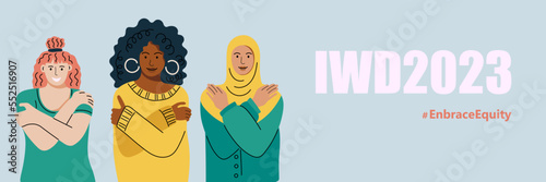 Embrace Equity is campaign theme of International Women's Day 2023. Women are hugging herself. Vector illustration.