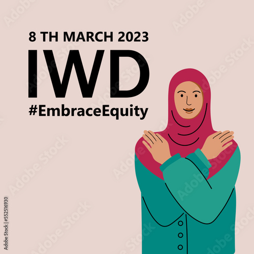 Female person is hugging herself. Embrace Equity is campaign theme of International Women's Day 2023. Vector illustration.