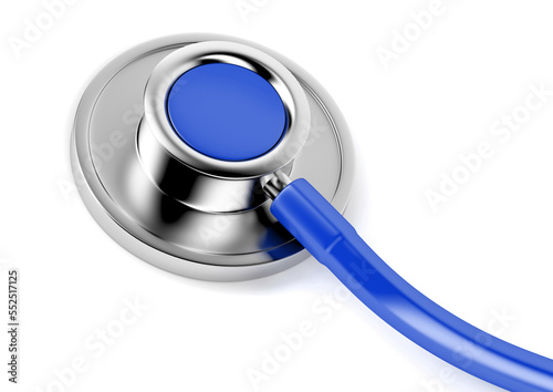 The closeup of the diaphragm of the medical stethoscope in the foreground isolated on white background