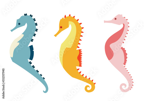 Set of seahorses in flat style. Beautiful underwater inhabitants.
