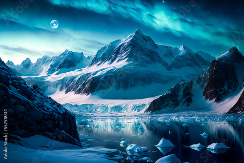stunning landscape of the North Pole, complete with snow-capped mountains, ice floes, and the aurora borealis.