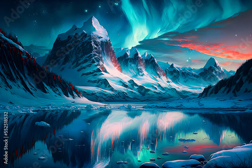 stunning landscape of the North Pole, complete with snow-capped mountains, ice floes, and the aurora borealis.