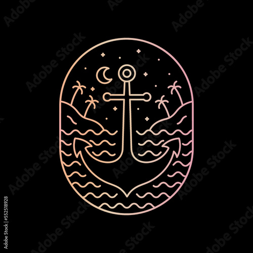 Design vector of the anchor and nature beach in mono line art